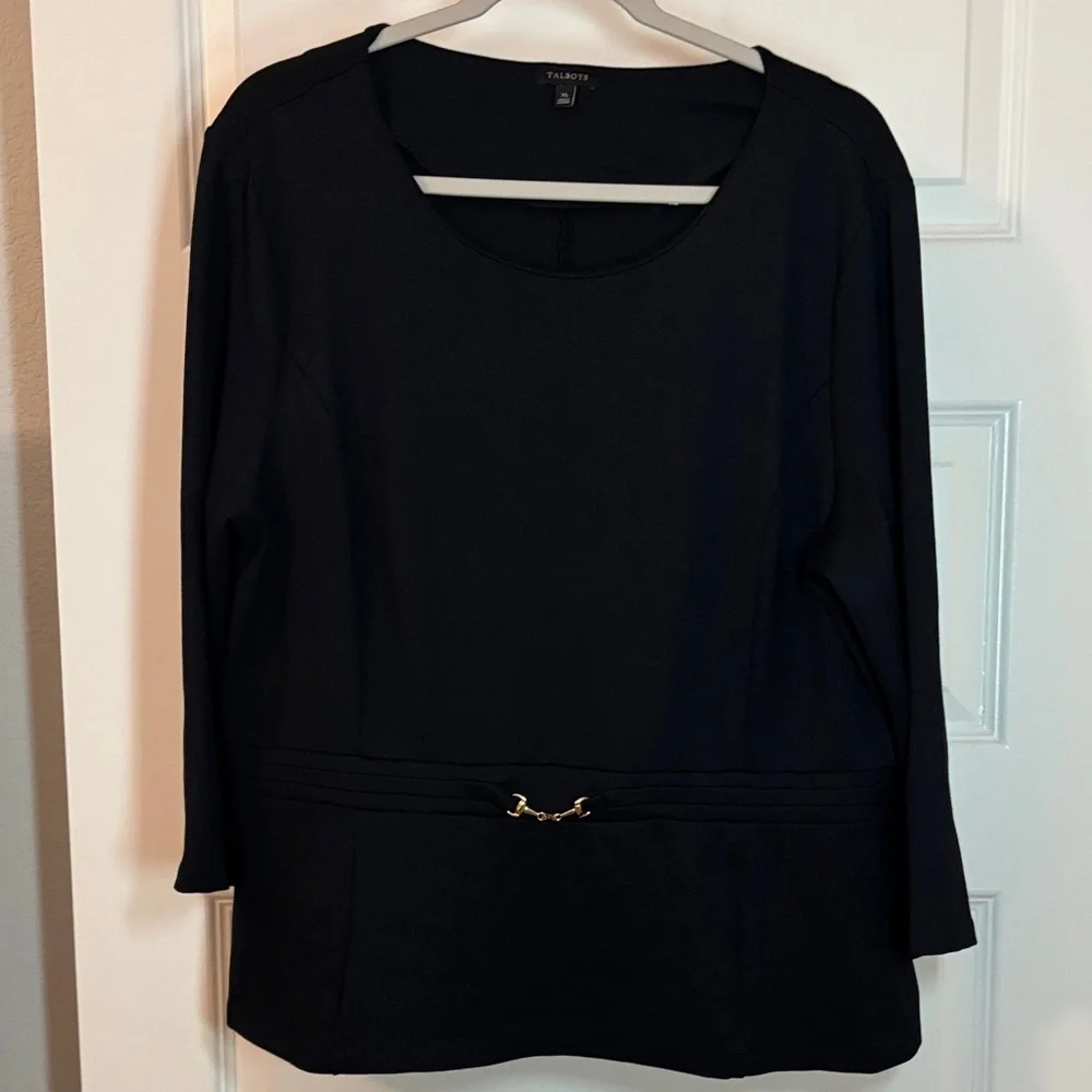 Talbots Black Ponte Peplum Top SZ XL with gold accent 3/4 sleeve dressy career - Picture 1 of 13